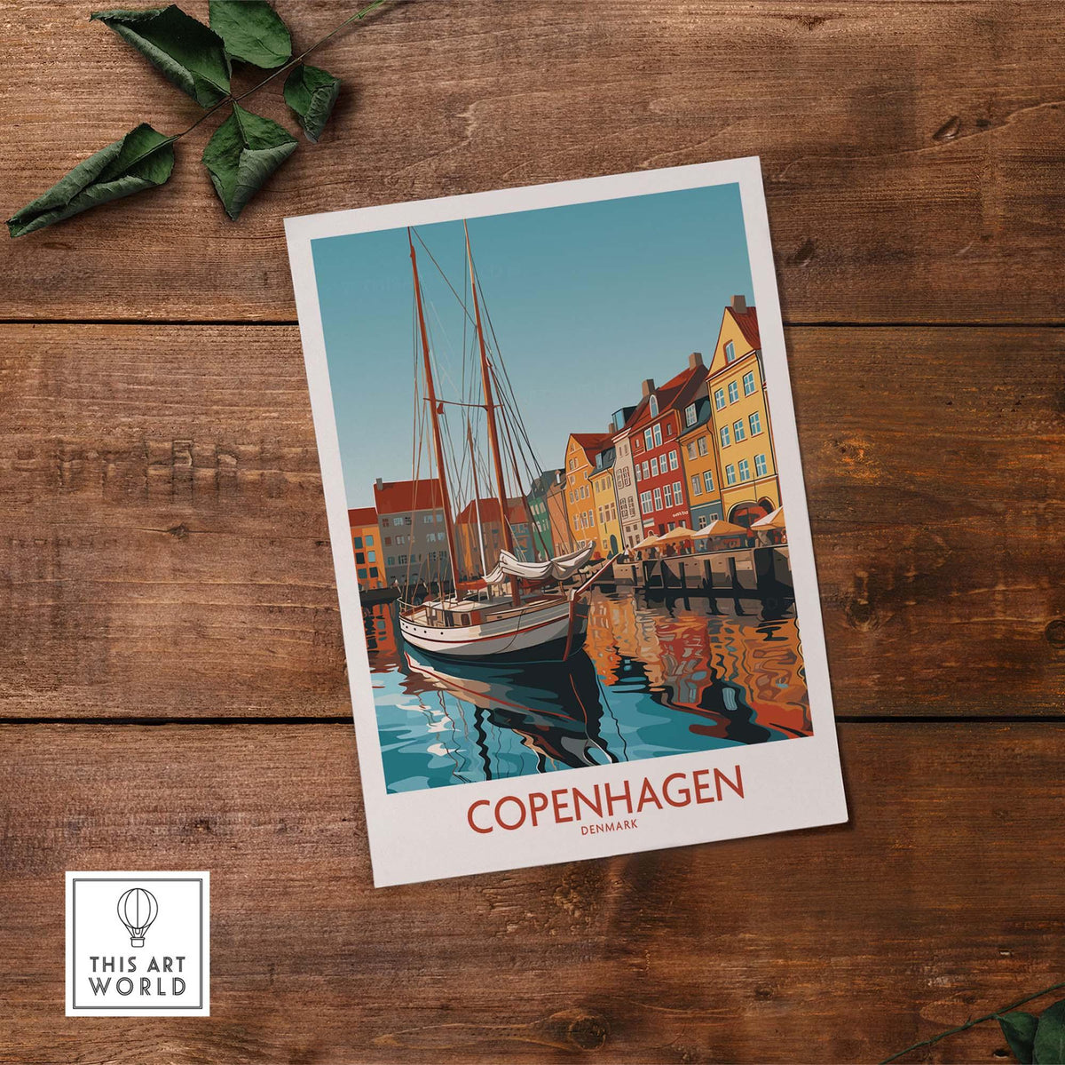 Copenhagen wall art print featuring colorful buildings and a boat on the water, evoking modern Danish travel vibes.