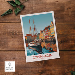 Copenhagen wall art print featuring colorful buildings and a boat on the water, evoking modern Danish travel vibes.