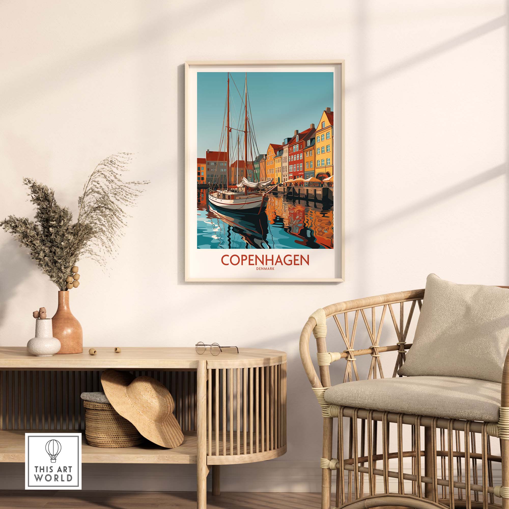 Copenhagen wall art print showcasing vibrant colors of the city, elegantly displayed in a modern living room setting.