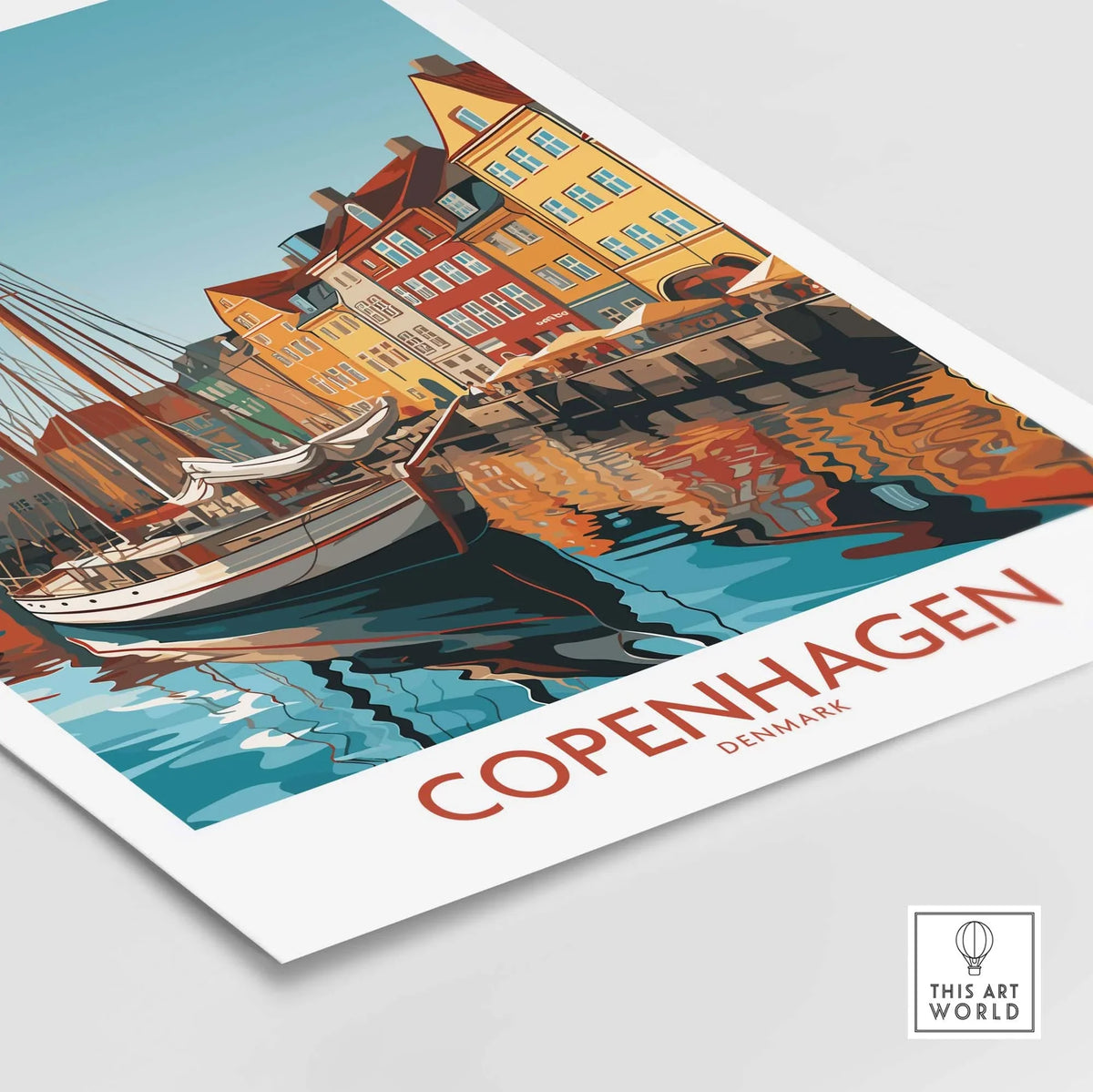 Copenhagen wall art print featuring colorful houses and a boat by the water, capturing the essence of Denmark's capital.