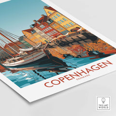 Copenhagen wall art print featuring colorful houses and a boat by the water, capturing the essence of Denmark's capital.