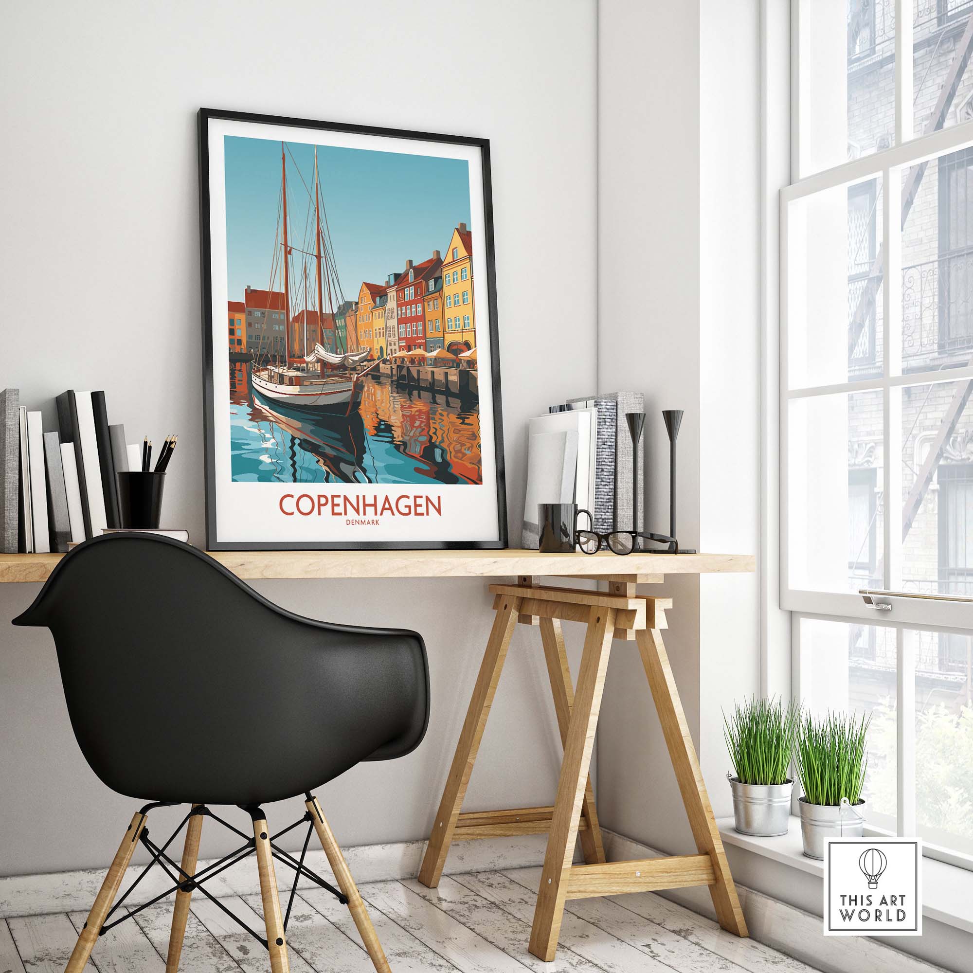Copenhagen wall art print featuring vibrant colors of the city, displayed in a modern home office setting.