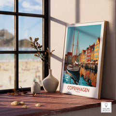 Copenhagen wall art print showcasing colorful buildings and a boat, perfect for modern home décor and travel lovers.