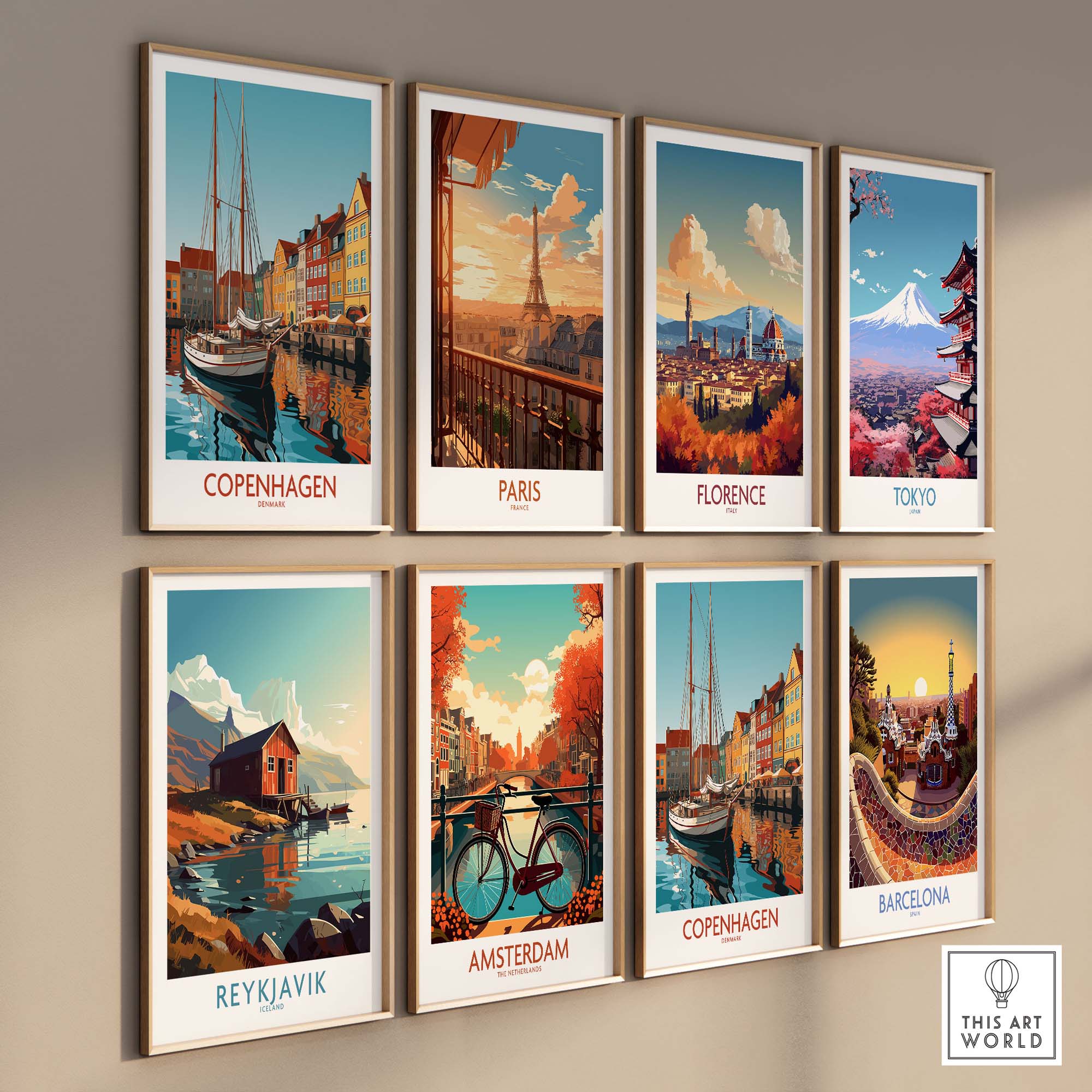 Copenhagen wall art collage featuring vibrant travel posters of cities like Paris, Florence, and Tokyo for modern home décor.