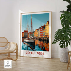 Copenhagen wall art featuring vibrant harbor scene and colorful buildings, perfect for modern home décor.