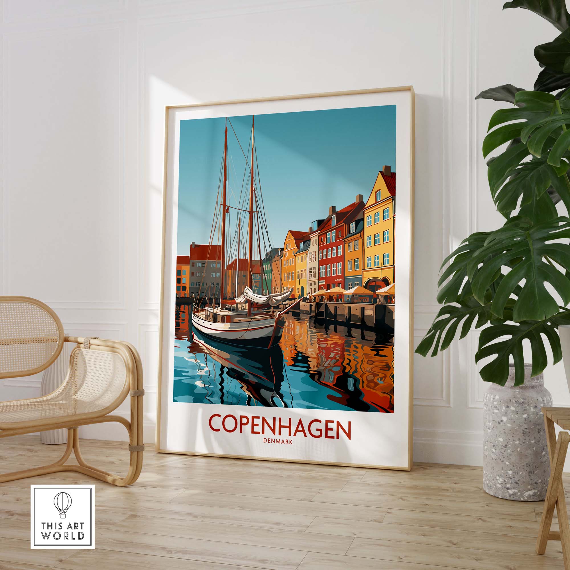 Copenhagen wall art featuring vibrant harbor scene and colorful buildings, perfect for modern home décor.