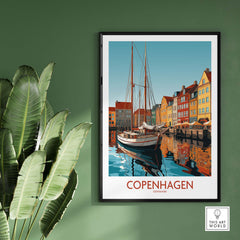 Copenhagen wall art print featuring colorful buildings and a boat, bringing a modern travel theme to home décor.