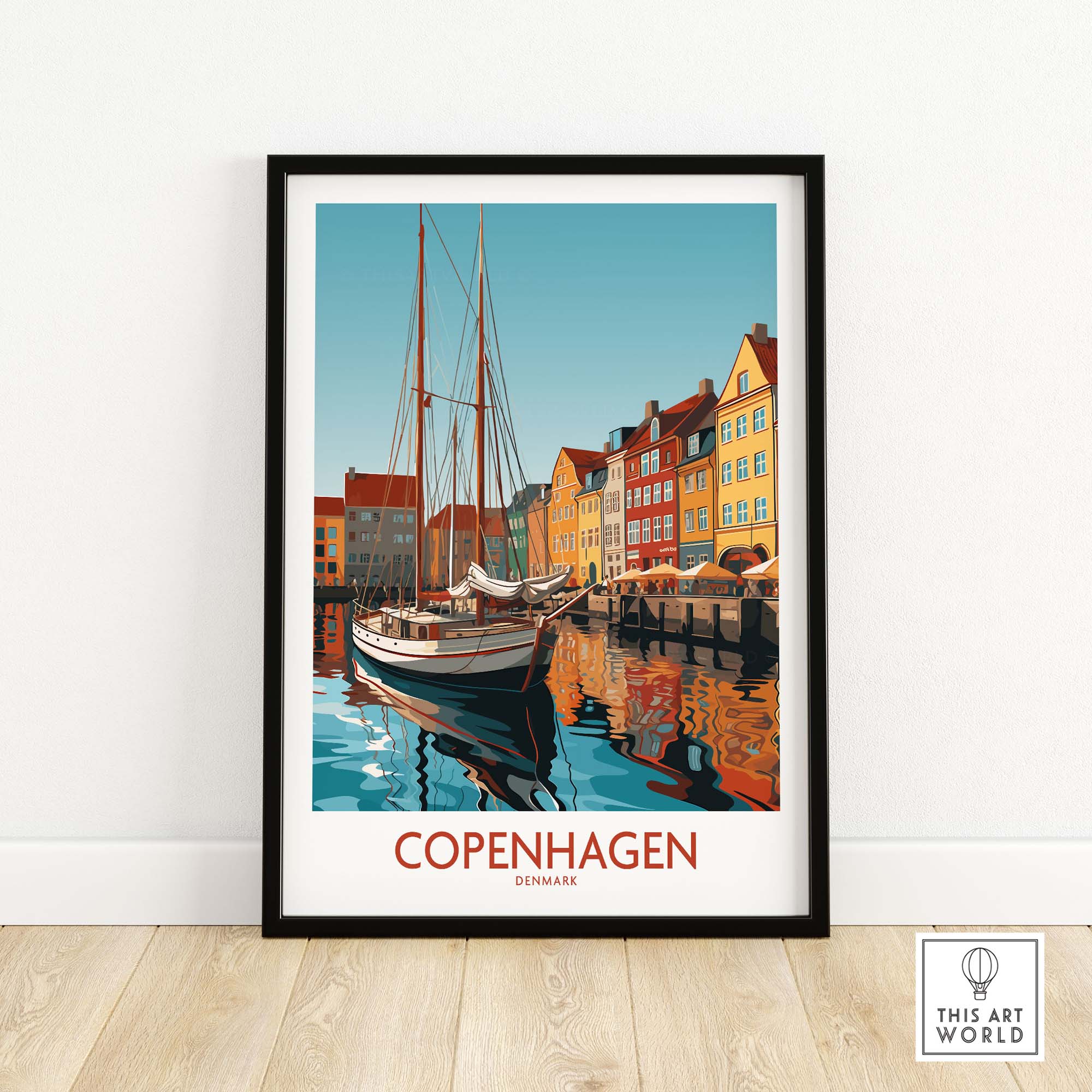 Copenhagen wall art print featuring colorful buildings and a boat reflecting on water, modern decor for travel enthusiasts.