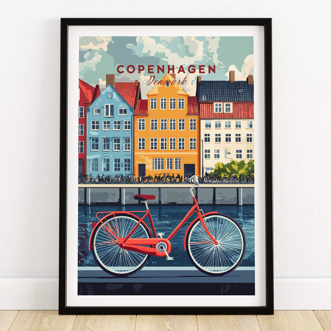 Copenhagen Denmark Art Print - Cityscape Poster, Red Bicycle Canal View