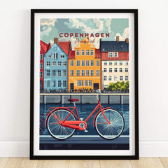 Copenhagen Denmark Art Print - Cityscape Poster, Red Bicycle Canal View