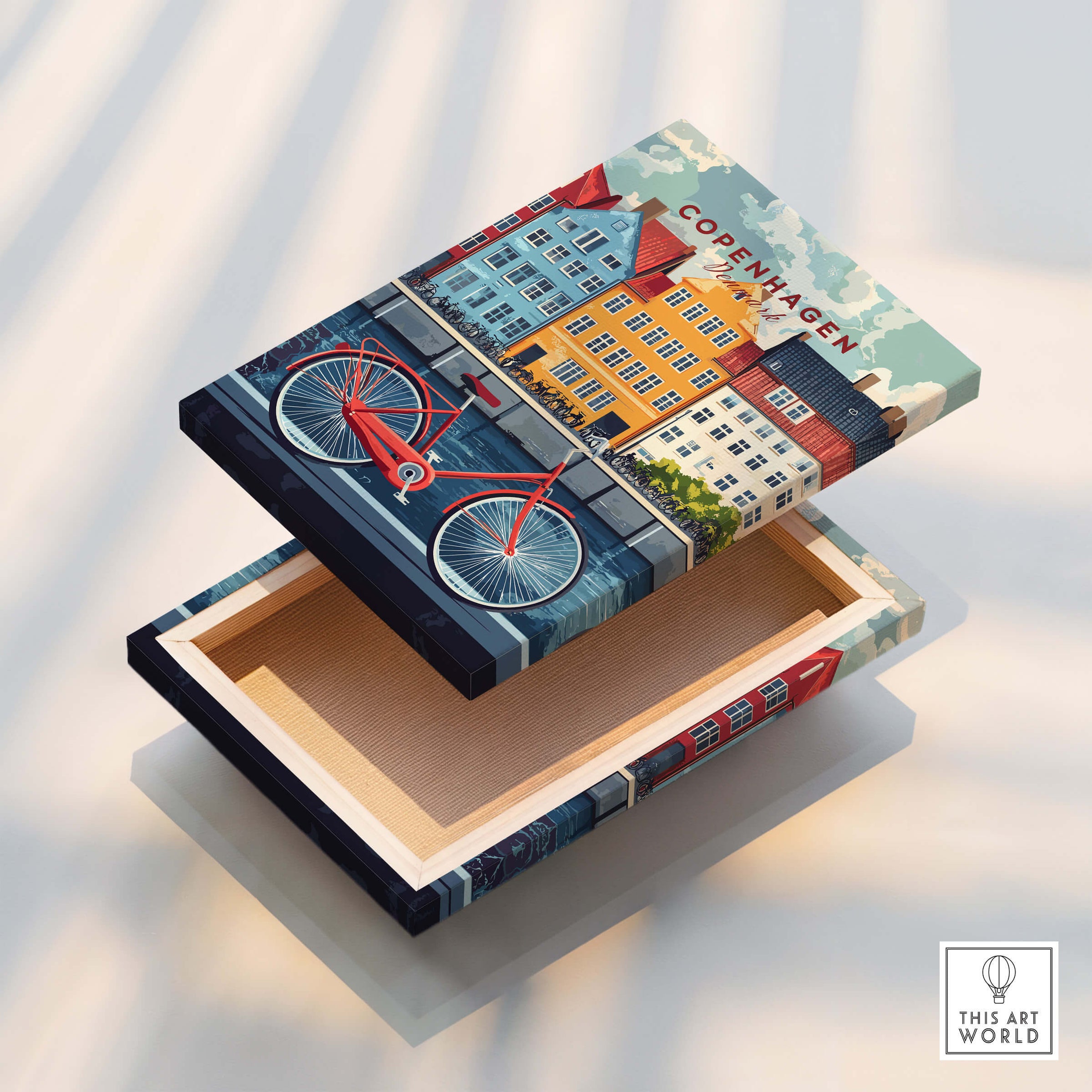 Copenhagen Denmark Art Print - Cityscape Poster, Red Bicycle Canal View on a decorative box, showcasing vibrant design.