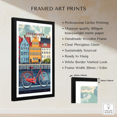 Copenhagen Denmark Art Print - Cityscape Poster, Red Bicycle Canal View featured in a framed art print.