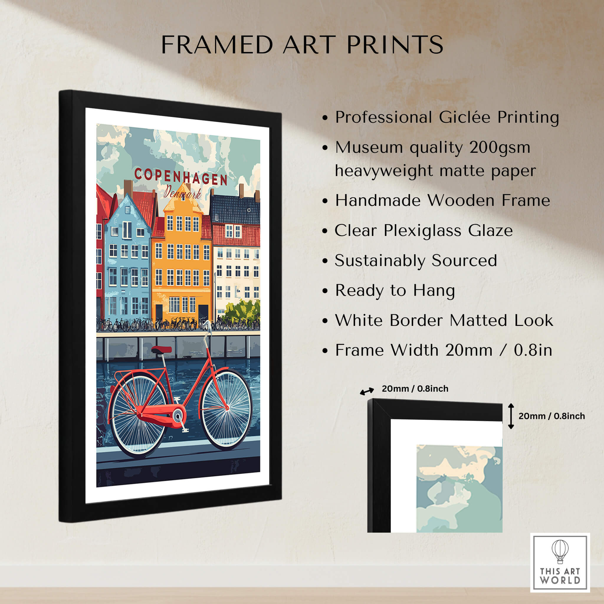 Copenhagen Denmark Art Print - Cityscape Poster, Red Bicycle Canal View featured in a framed art print.