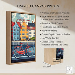Copenhagen Denmark Art Print - Cityscape Poster, Red Bicycle Canal View displayed in a framed canvas print.