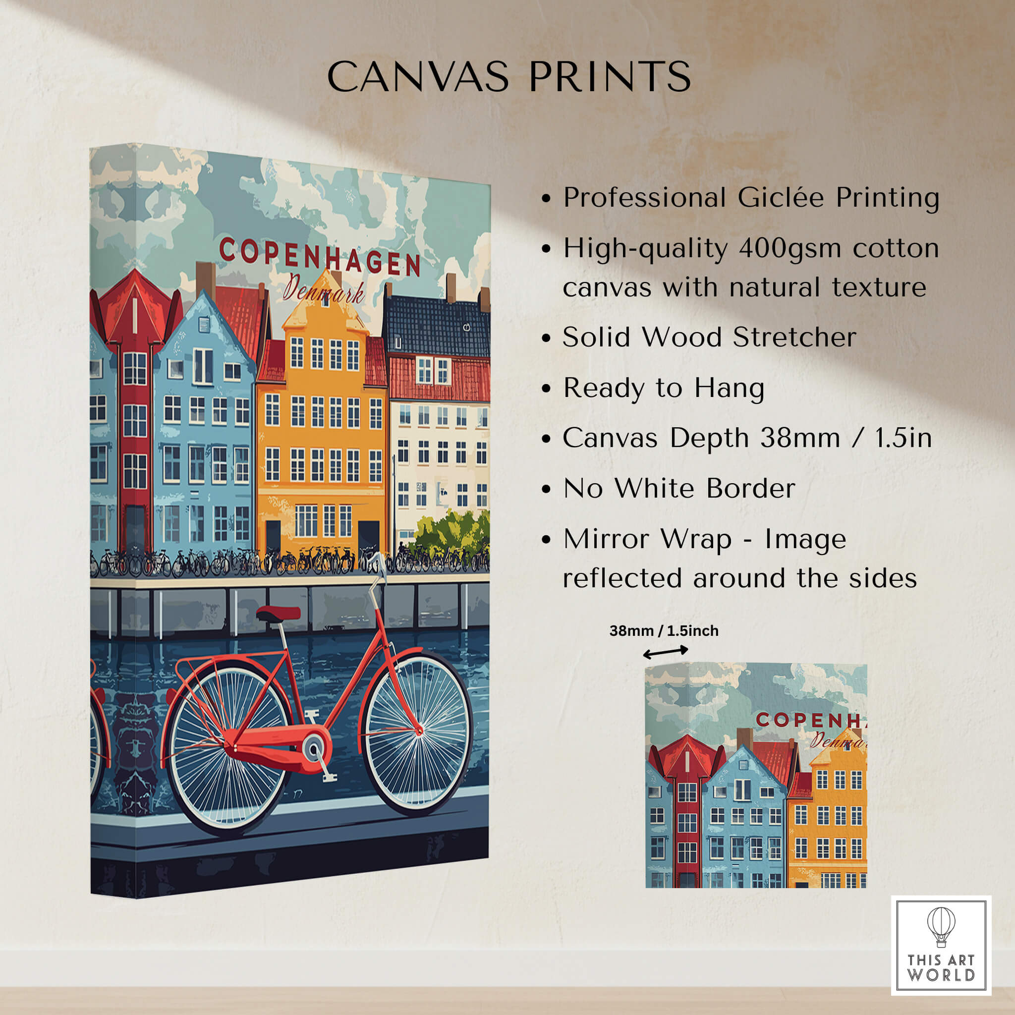 Copenhagen Denmark Art Print - Cityscape Poster, Red Bicycle Canal View on high-quality canvas with Giclée printing.