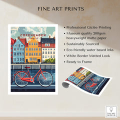 Copenhagen Denmark Art Print - Cityscape Poster, Red Bicycle Canal View displayed on premium matte paper.