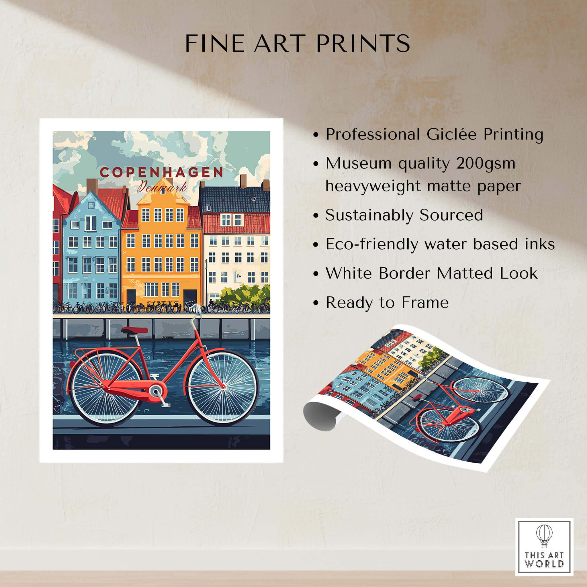 Copenhagen Denmark Art Print - Cityscape Poster, Red Bicycle Canal View displayed on premium matte paper.