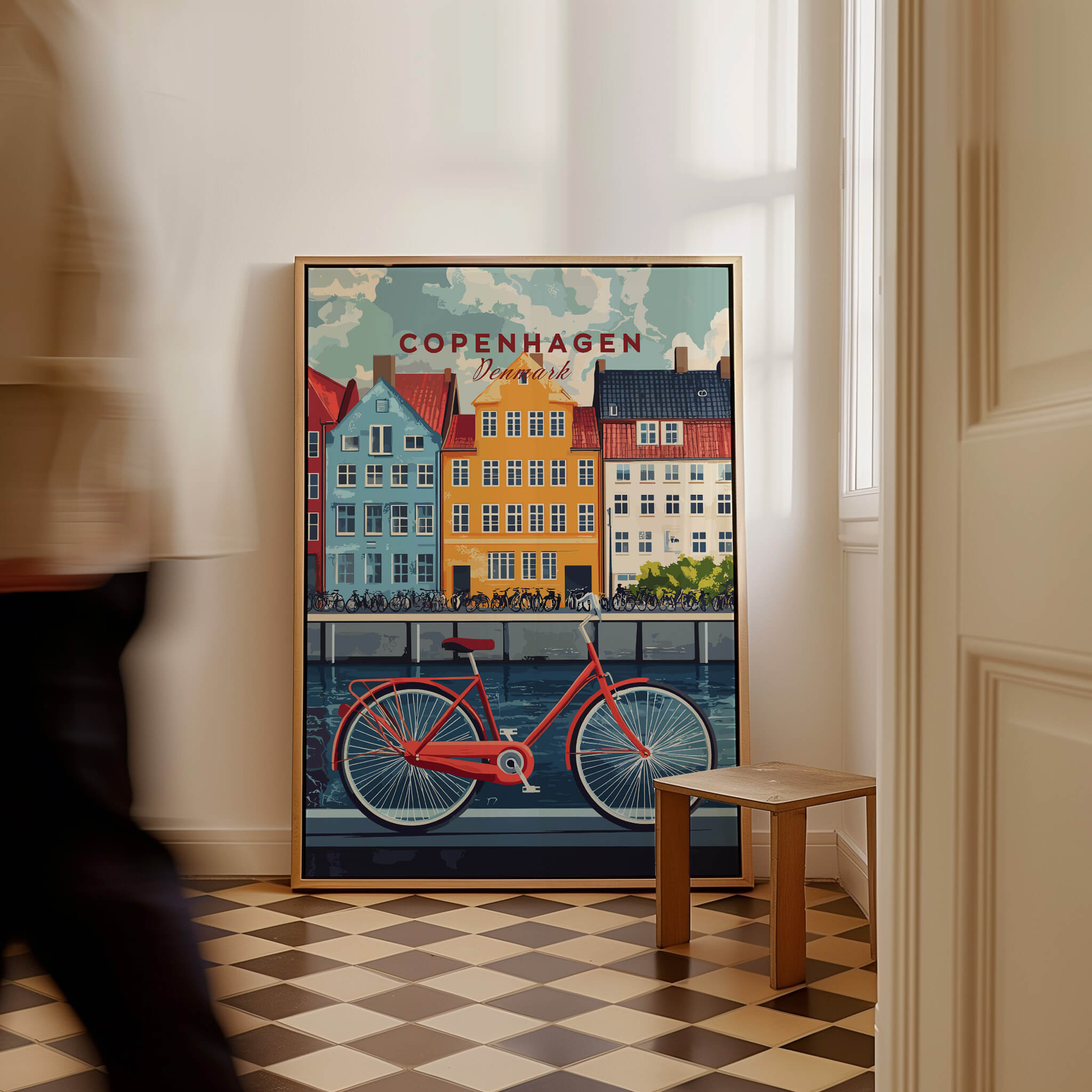 Copenhagen Denmark Art Print - Cityscape Poster, Red Bicycle Canal View in a stylish interior setting.