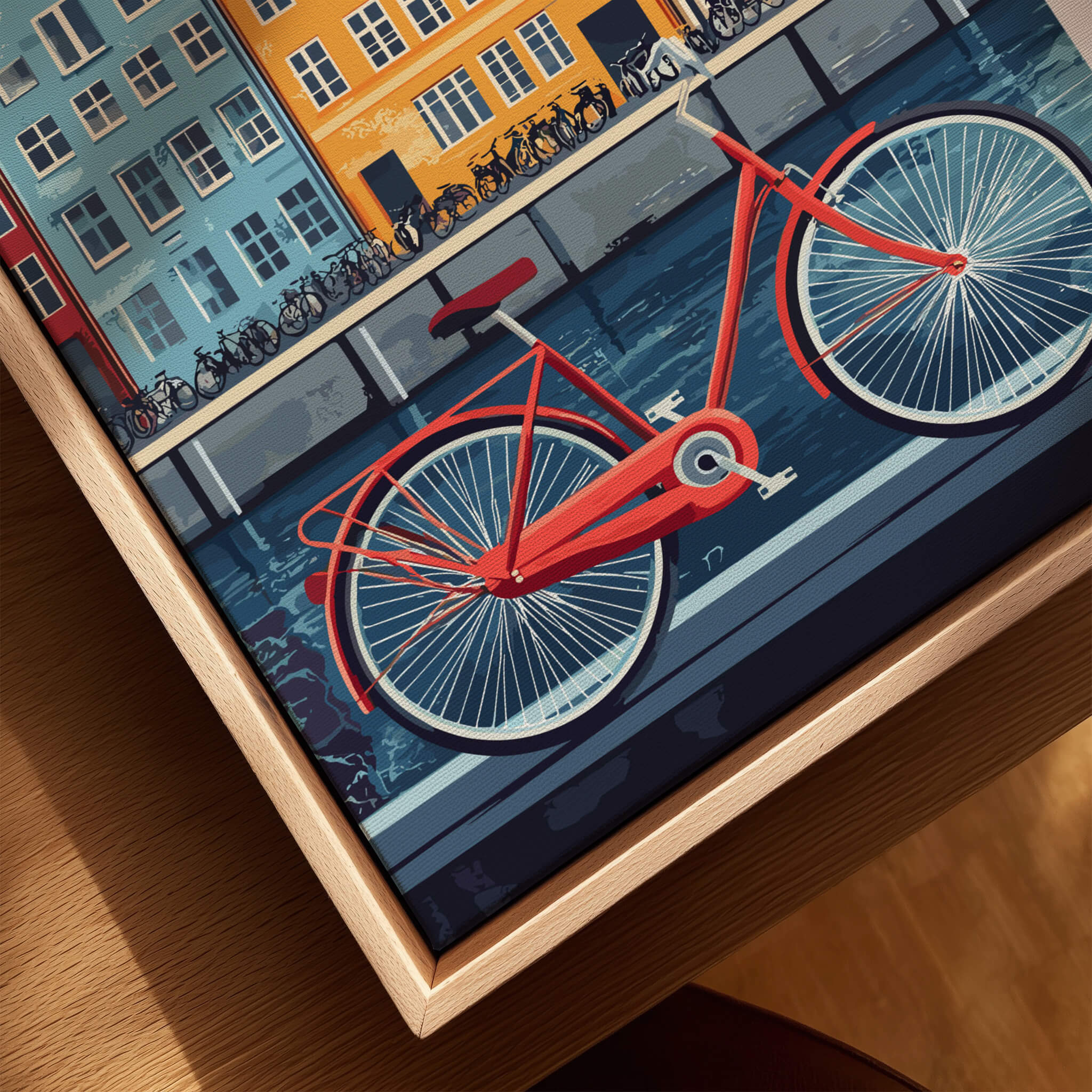 Copenhagen Denmark Art Print - Cityscape Poster, Red Bicycle Canal View with vibrant red bike by the canal.