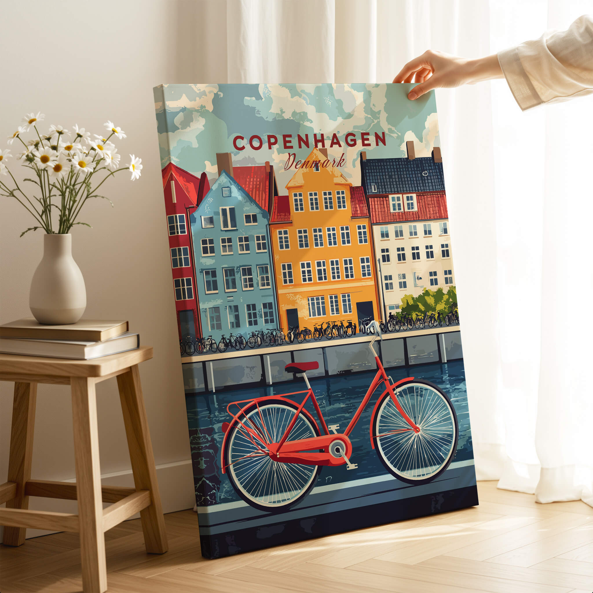 Copenhagen Denmark Art Print - Cityscape Poster, Red Bicycle Canal View displayed in a cozy interior setting.