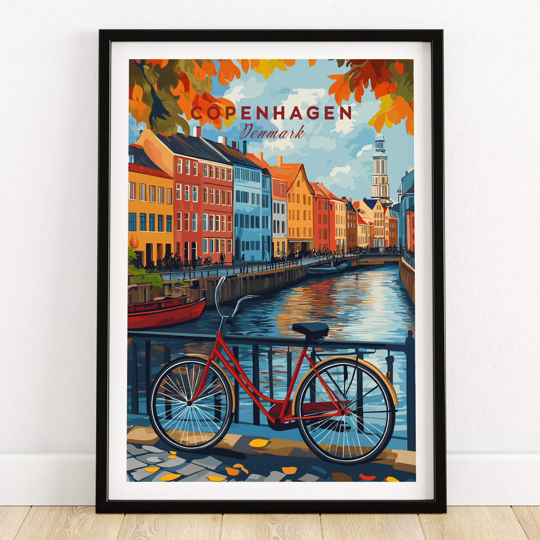Copenhagen Autumn Art Print - Denmark Canal View, Red Bike Poster with colorful buildings and canal.