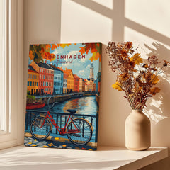 Copenhagen Autumn Art Print - Denmark Canal View, Red Bike Poster featuring a red bicycle by colorful canal houses.
