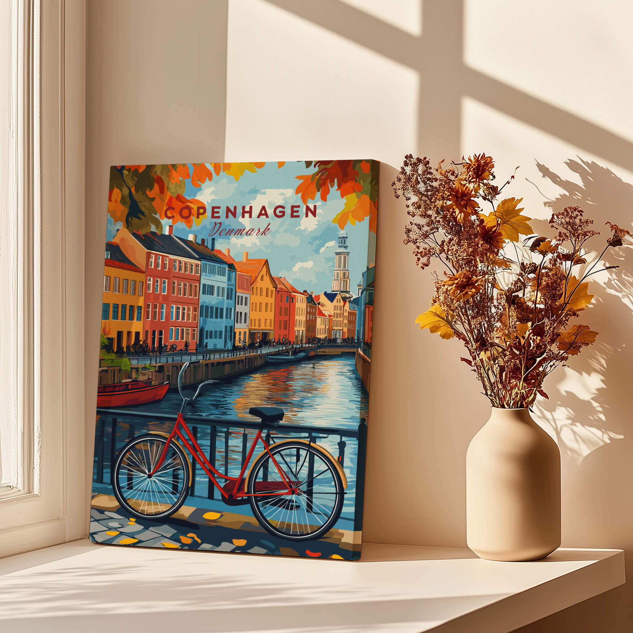 Copenhagen Autumn Art Print - Denmark Canal View, Red Bike Poster featuring a red bicycle by colorful canal houses.