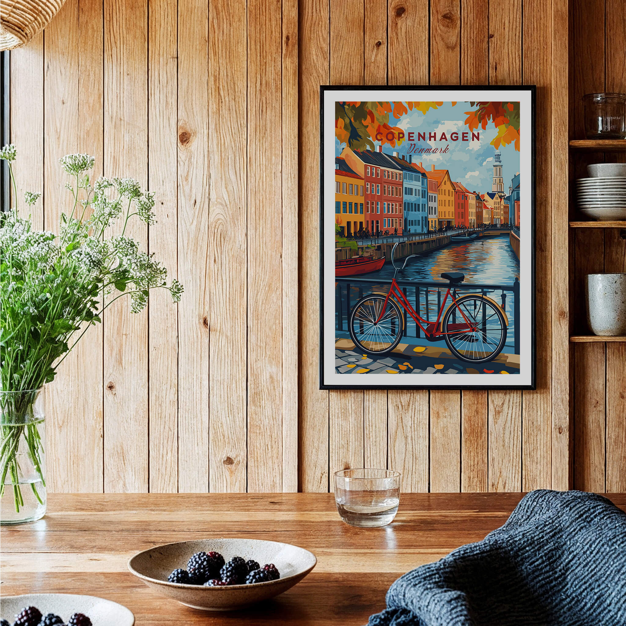 Copenhagen Autumn Art Print - Denmark Canal View, Red Bike Poster displayed in a cozy kitchen setting.