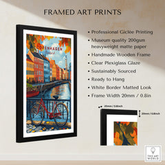 Copenhagen Autumn Art Print - Denmark Canal View, Red Bike Poster with wooden frame and museum-quality paper.