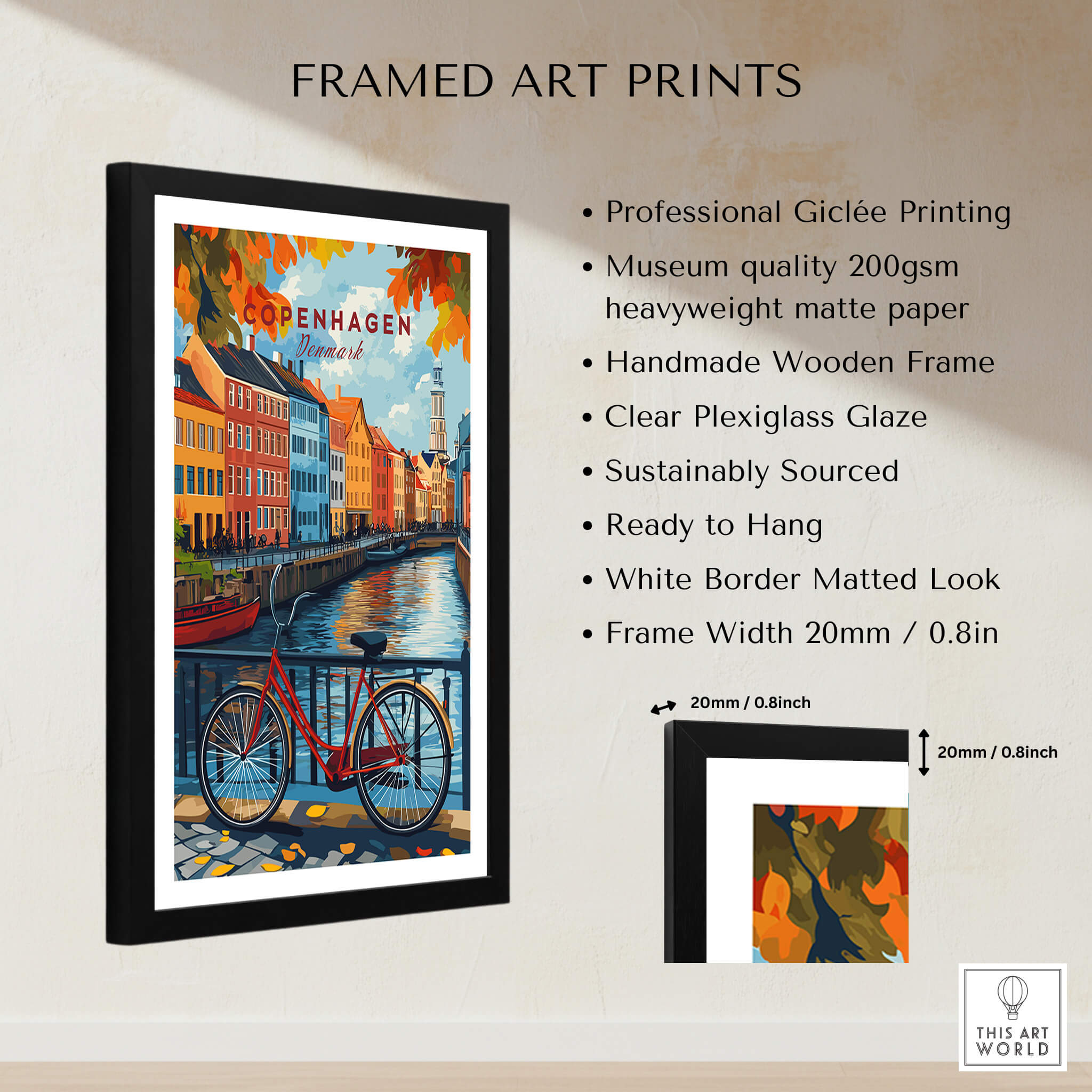 Copenhagen Autumn Art Print - Denmark Canal View, Red Bike Poster with wooden frame and museum-quality paper.