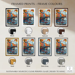 Framed prints options showing frame colors for Copenhagen Autumn Art Print - Denmark Canal View, Red Bike Poster.