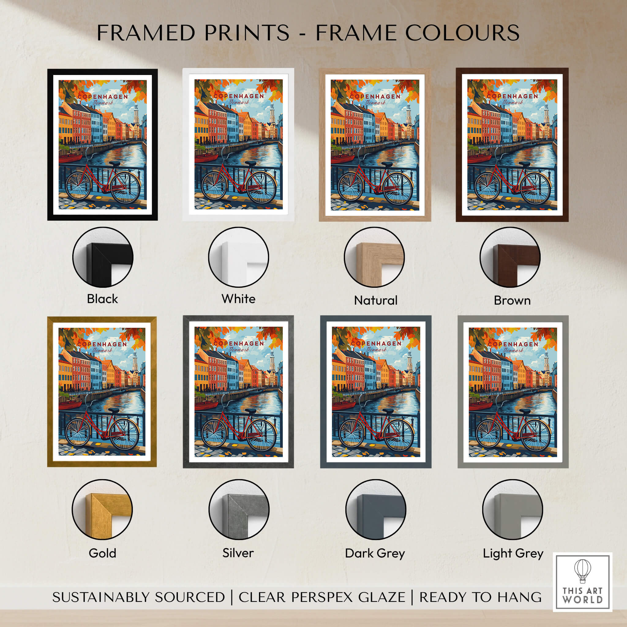 Framed prints options showing frame colors for Copenhagen Autumn Art Print - Denmark Canal View, Red Bike Poster.