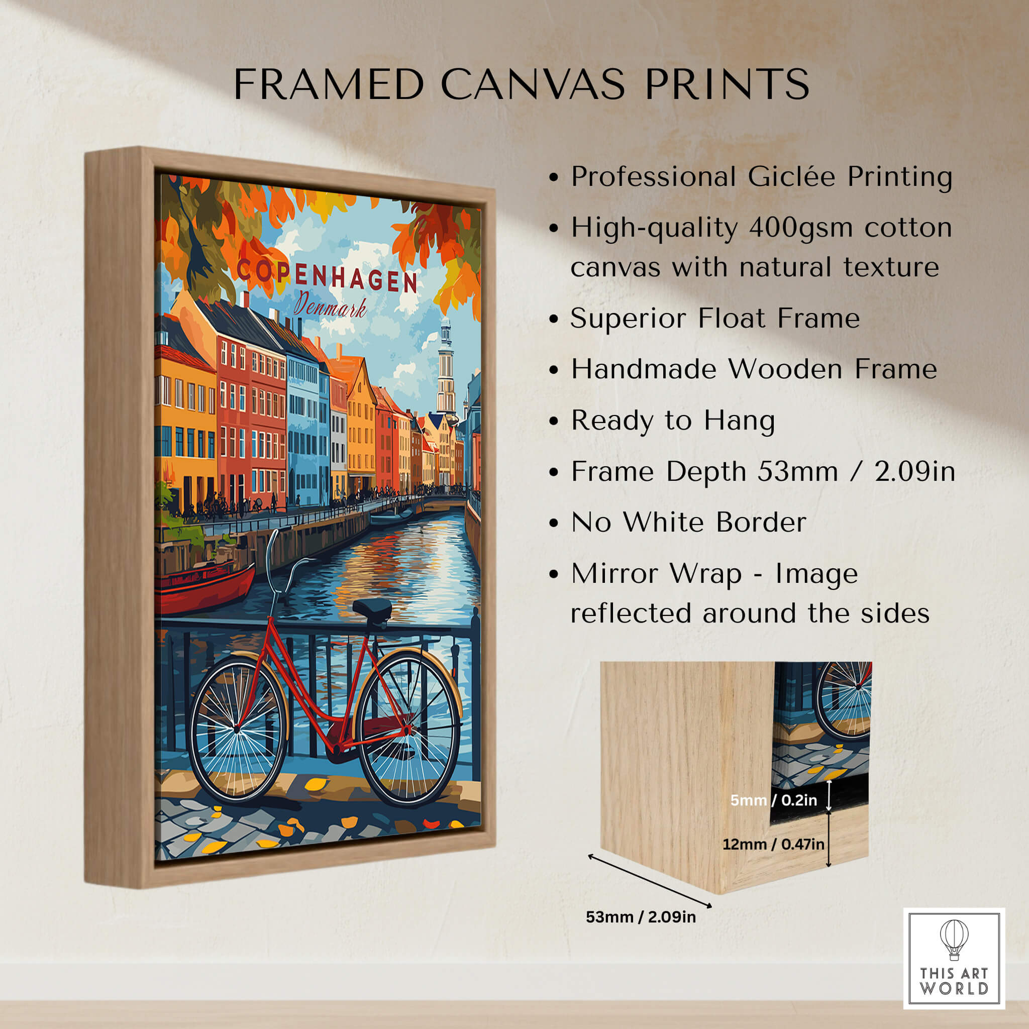 Copenhagen Autumn Art Print - Denmark Canal View, Red Bike Poster framed canvas print showcasing vibrant autumn colors.