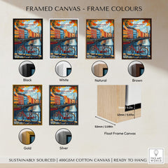 Framed canvas options for Copenhagen Autumn Art Print - Denmark Canal View, Red Bike Poster including color samples.