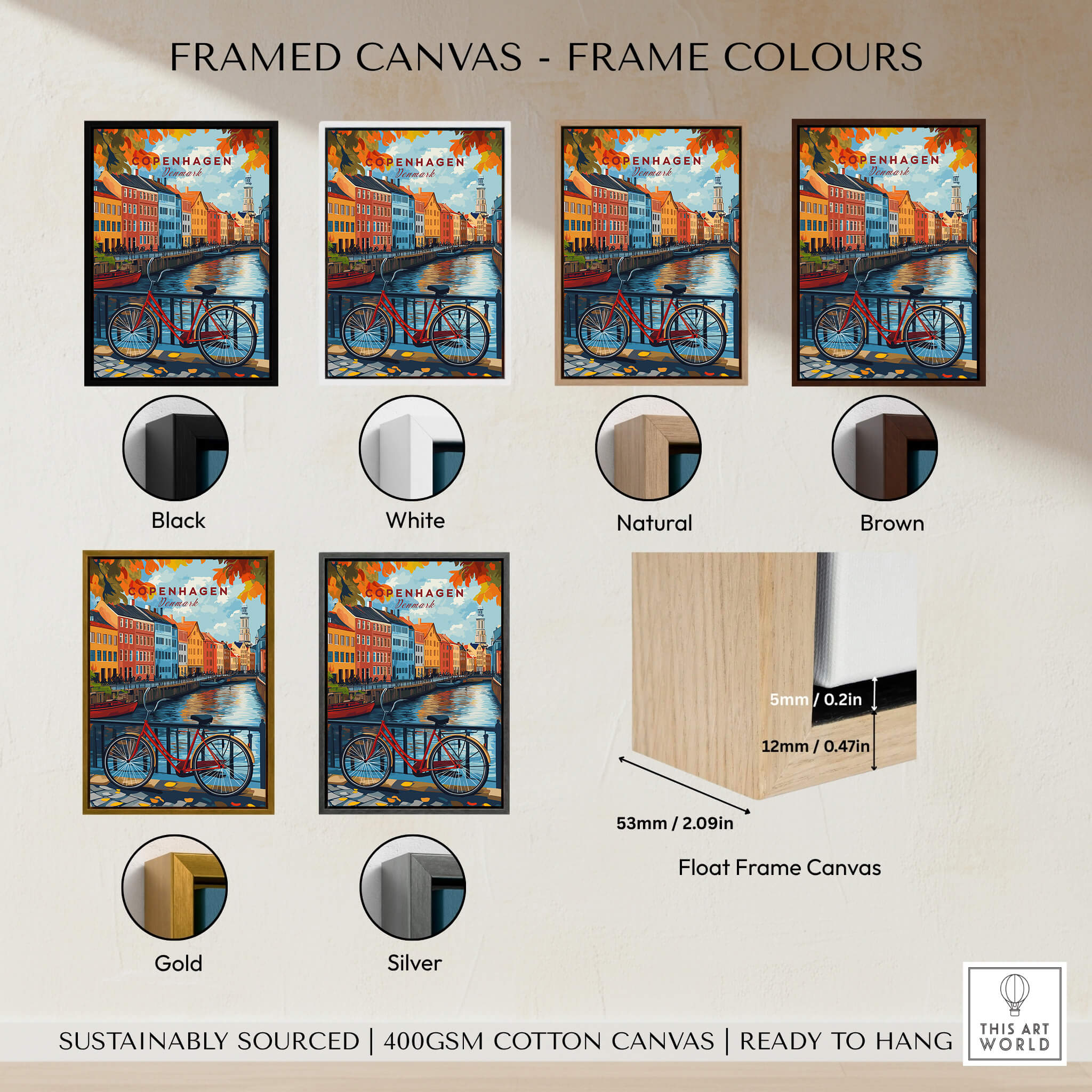 Framed canvas options for Copenhagen Autumn Art Print - Denmark Canal View, Red Bike Poster including color samples.