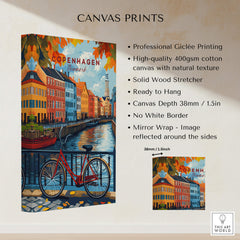 Copenhagen Autumn Art Print - Denmark Canal View, Red Bike Poster features professional Giclée printing on premium canvas.