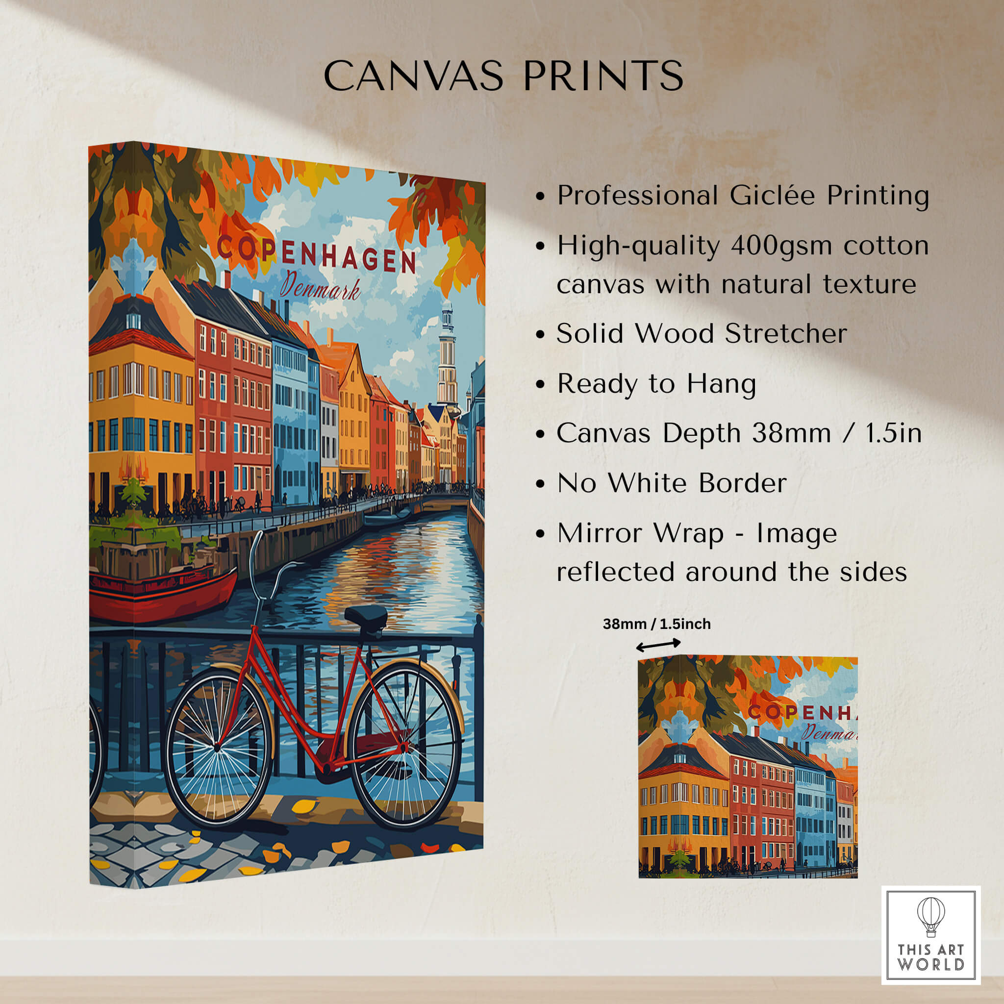 Copenhagen Autumn Art Print - Denmark Canal View, Red Bike Poster features professional Giclée printing on premium canvas.
