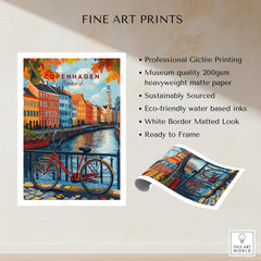 Copenhagen Autumn Art Print - Denmark Canal View, Red Bike Poster showcasing vibrant colors and autumn foliage.