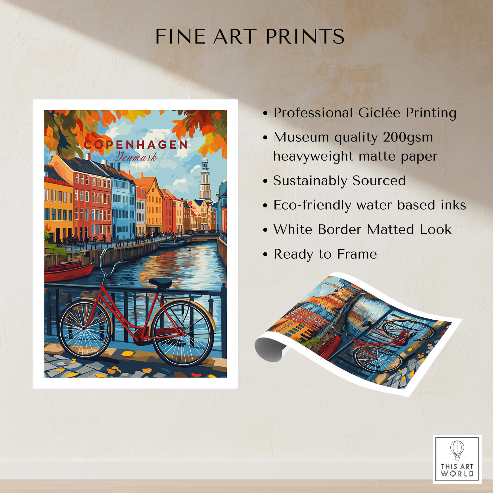 Copenhagen Autumn Art Print - Denmark Canal View, Red Bike Poster showcasing vibrant colors and autumn foliage.