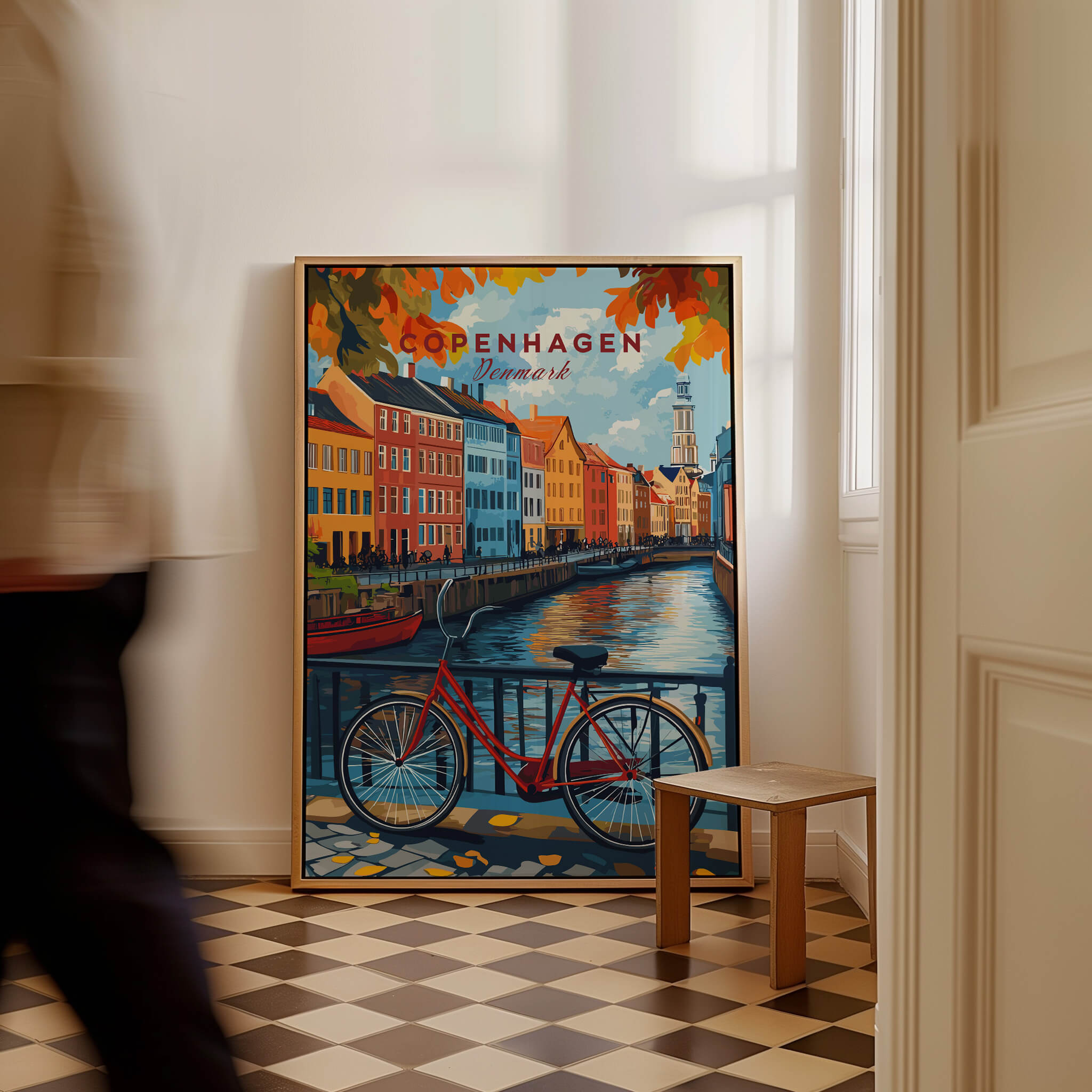 Copenhagen Autumn Art Print - Denmark Canal View, Red Bike Poster displayed in a cozy indoor setting.