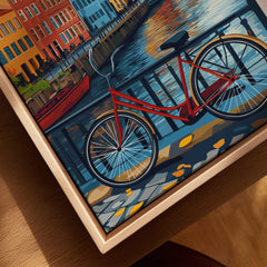Copenhagen Autumn Art Print - Denmark Canal View, Red Bike Poster featuring a vibrant red bicycle by the water.
