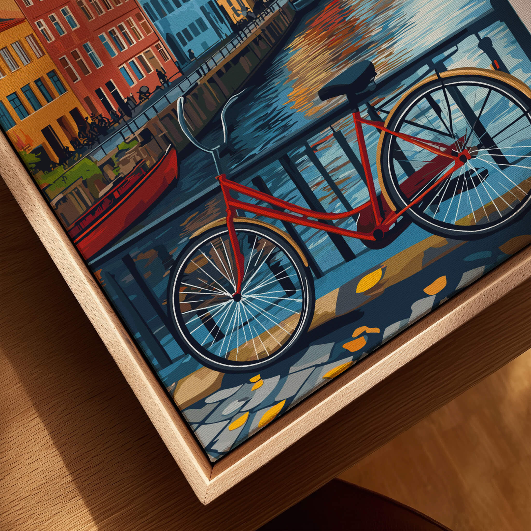 Copenhagen Autumn Art Print - Denmark Canal View, Red Bike Poster featuring a vibrant red bicycle by the water.