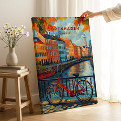 Copenhagen Autumn Art Print - Denmark Canal View, Red Bike Poster, featuring colorful canal houses and a classic red bicycle.