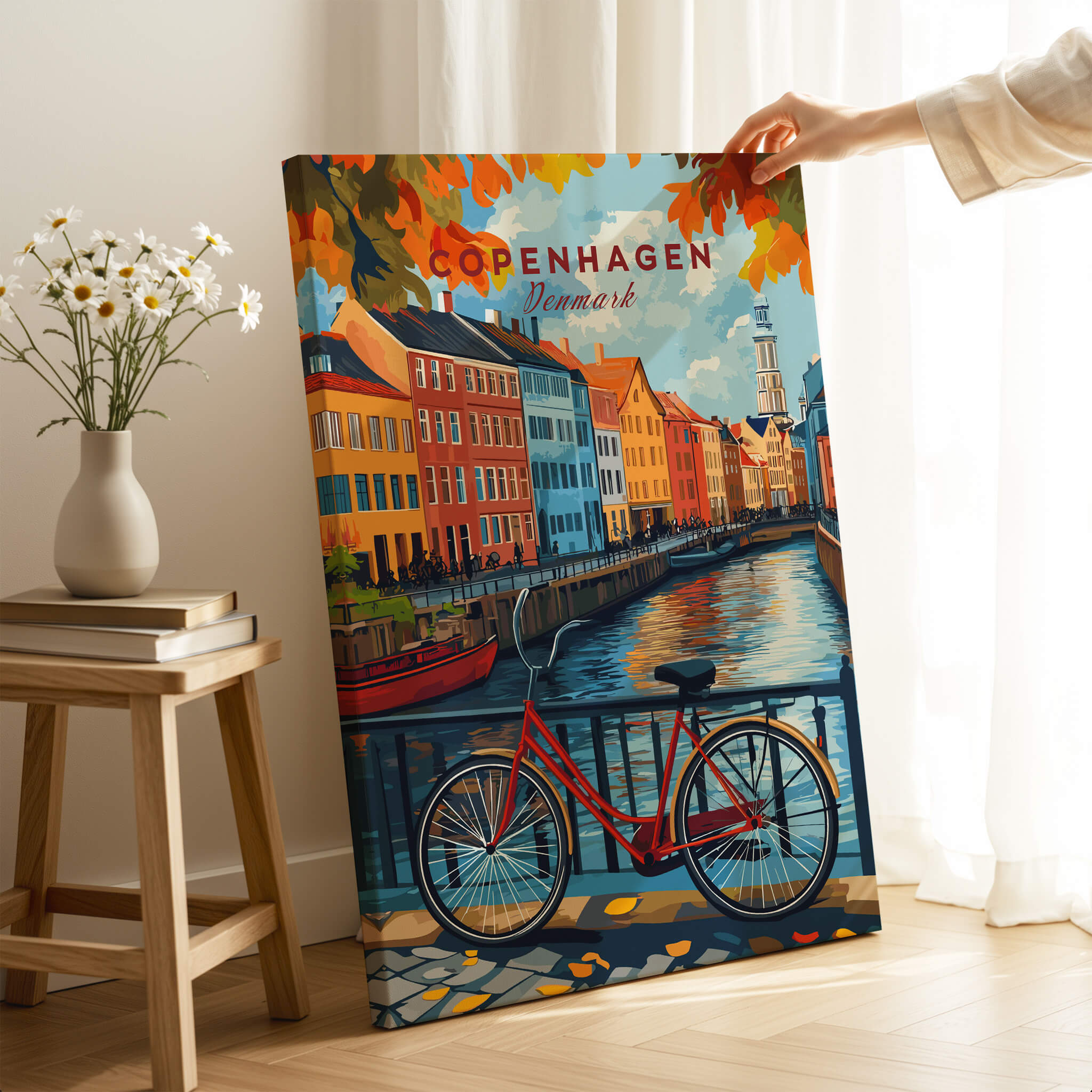 Copenhagen Autumn Art Print - Denmark Canal View, Red Bike Poster, featuring colorful canal houses and a classic red bicycle.