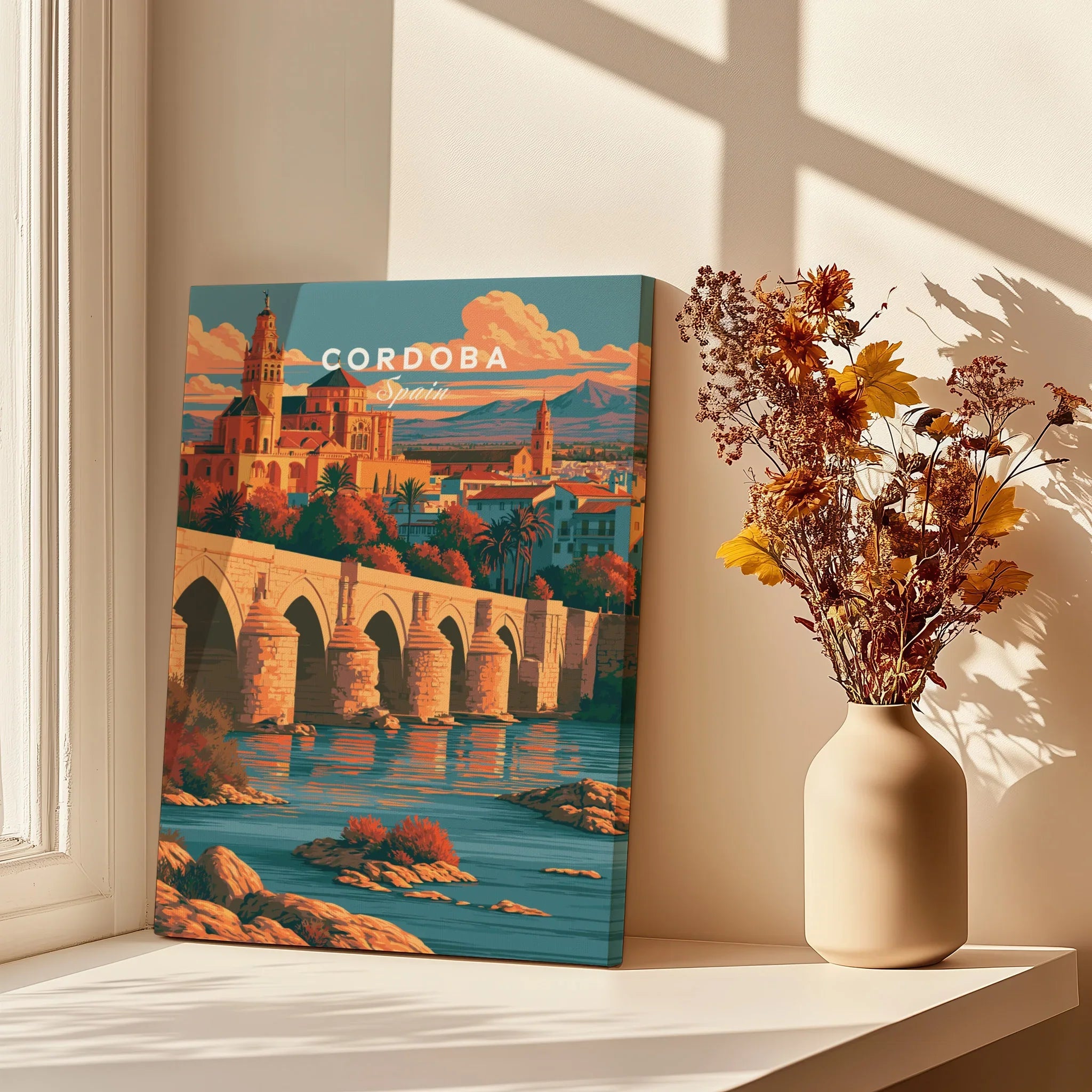 Cordoba Spain Skyline Travel Poster — canvas print window setting with shadows flowers