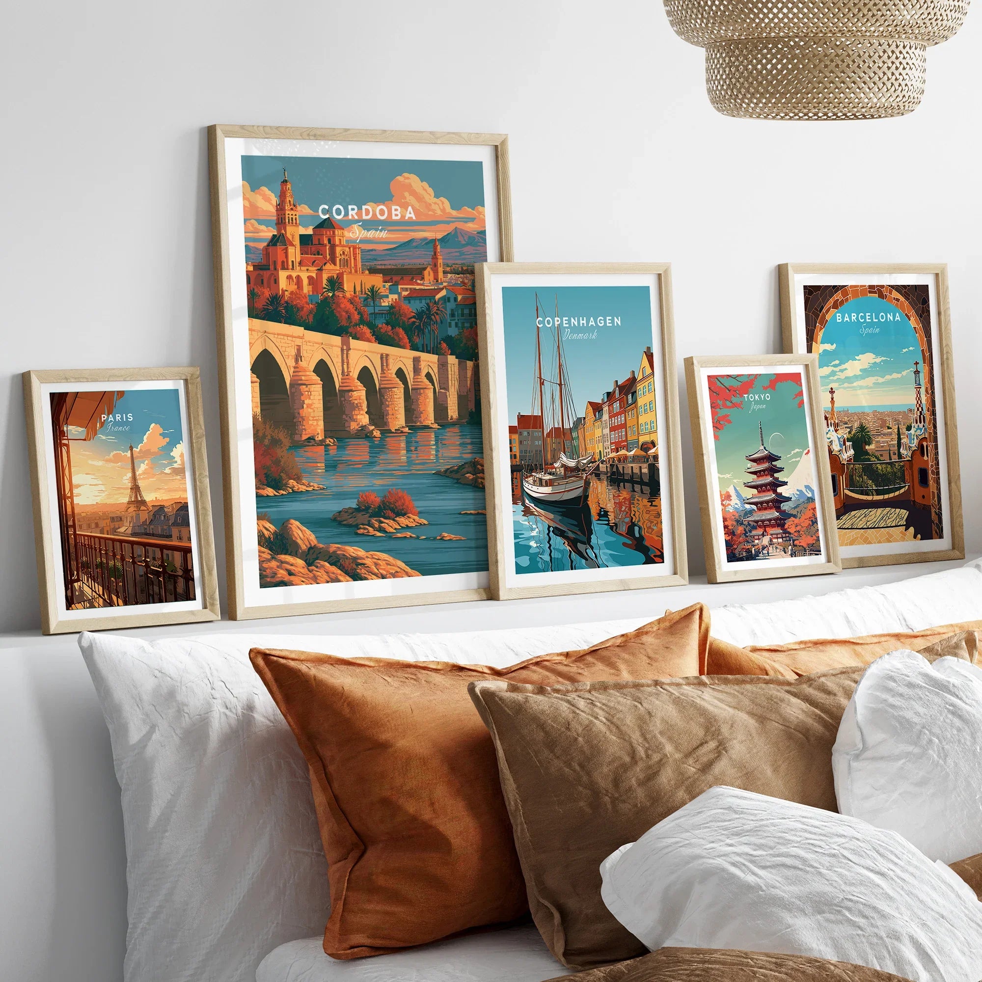 Cordoba Spain Skyline Travel Poster — set five framed artprints above bed natural wood frames