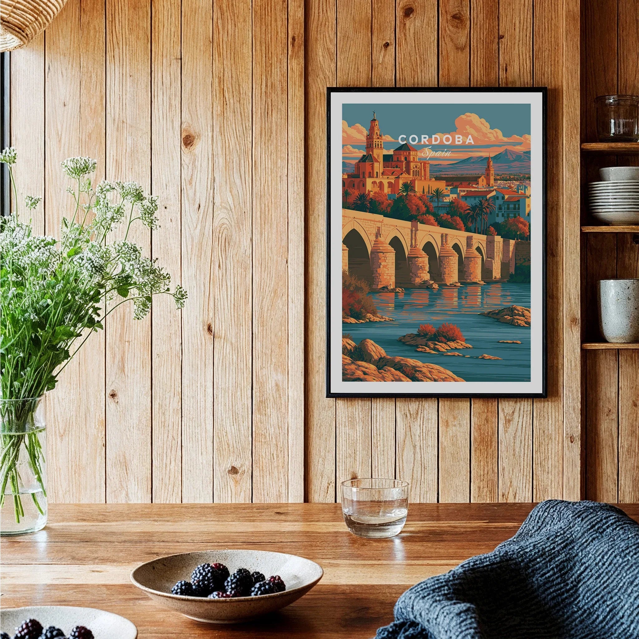 Cordoba Spain Skyline Travel Poster — black framed art print kitchen setting