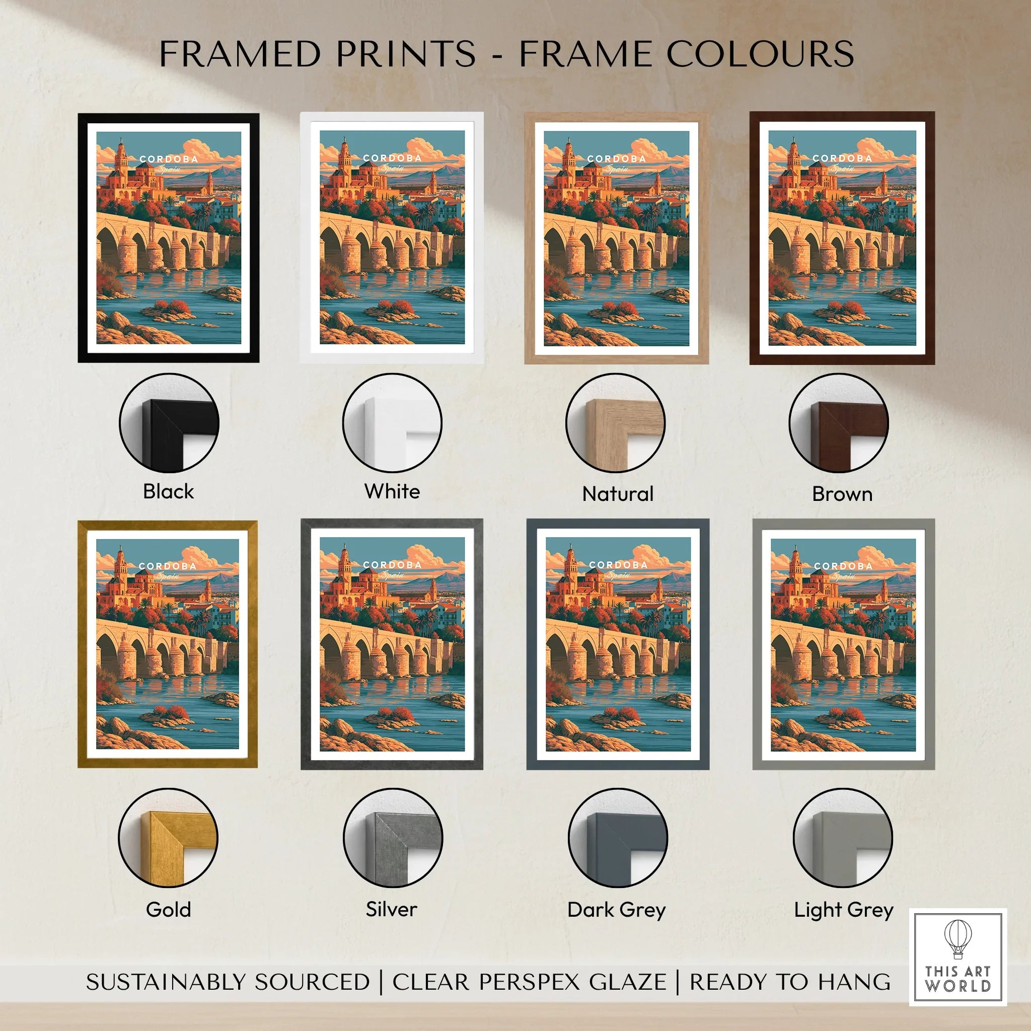 Cordoba Spain Skyline Travel Poster — framed print colour options