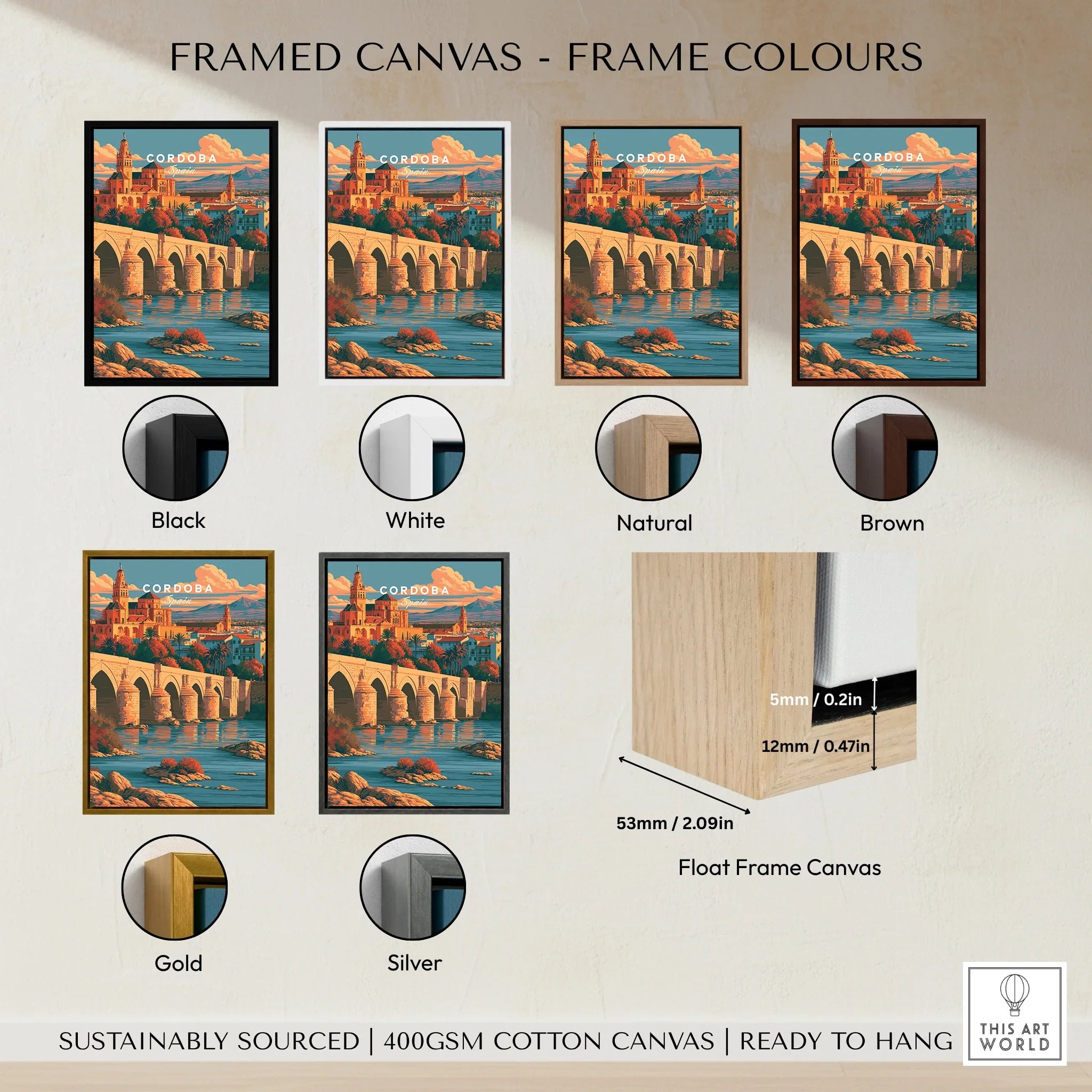 Cordoba Spain Skyline Travel Poster — framed canvas float frame colour options