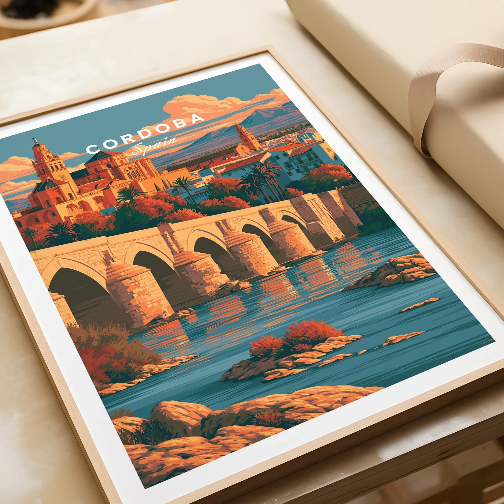 Cordoba Spain Skyline Travel Poster — framed art print closeup gift unwrapped natural frame